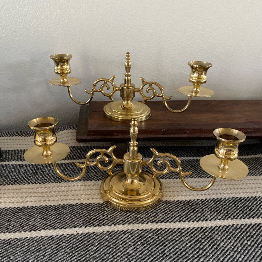BALDWIN Forged Brass 2-Arm Candelabra 3 Candle Holder Pair Beautiful Vintage Set